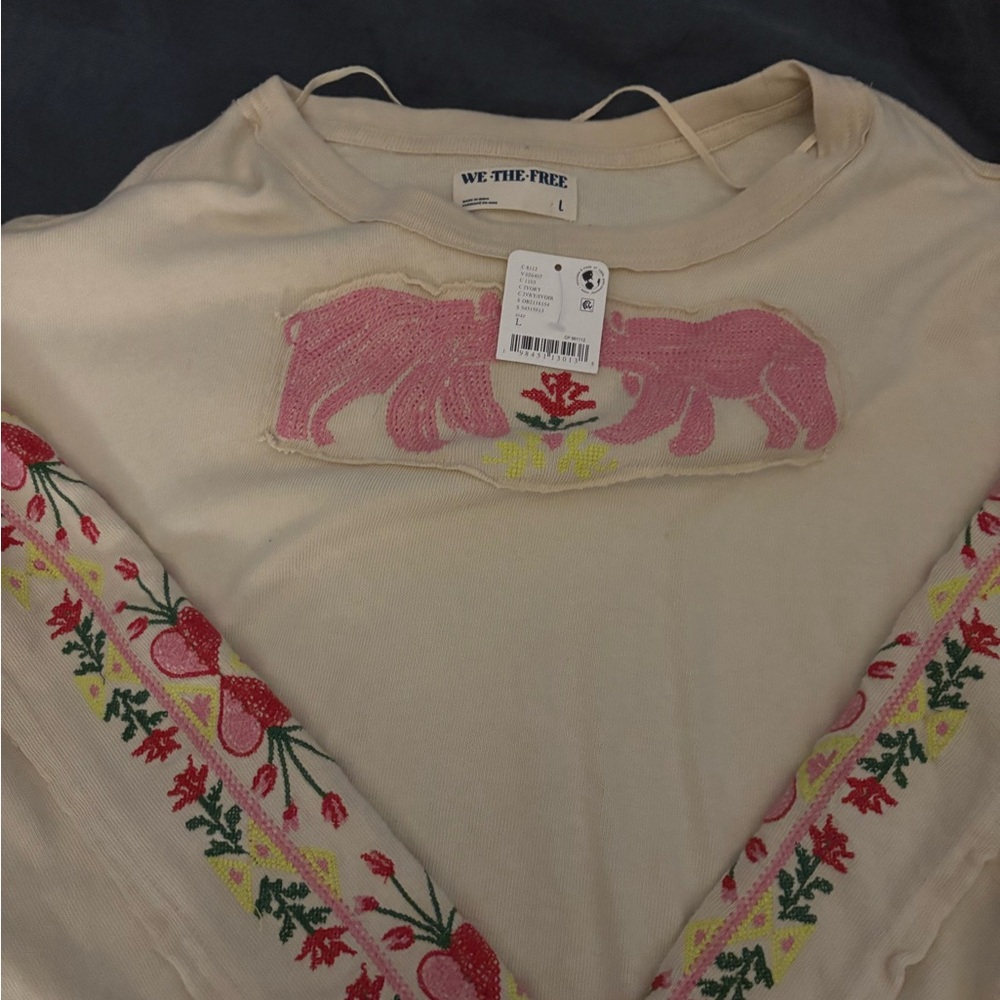 We The Free Beige Top with Pink and Red Embroidery